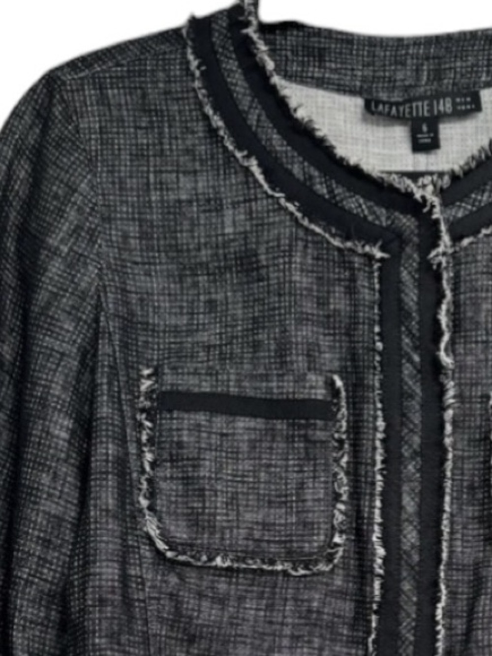 Lafayette 148 Jacket Black Collarless Fringe Linen 14 - Picture 9 of 10